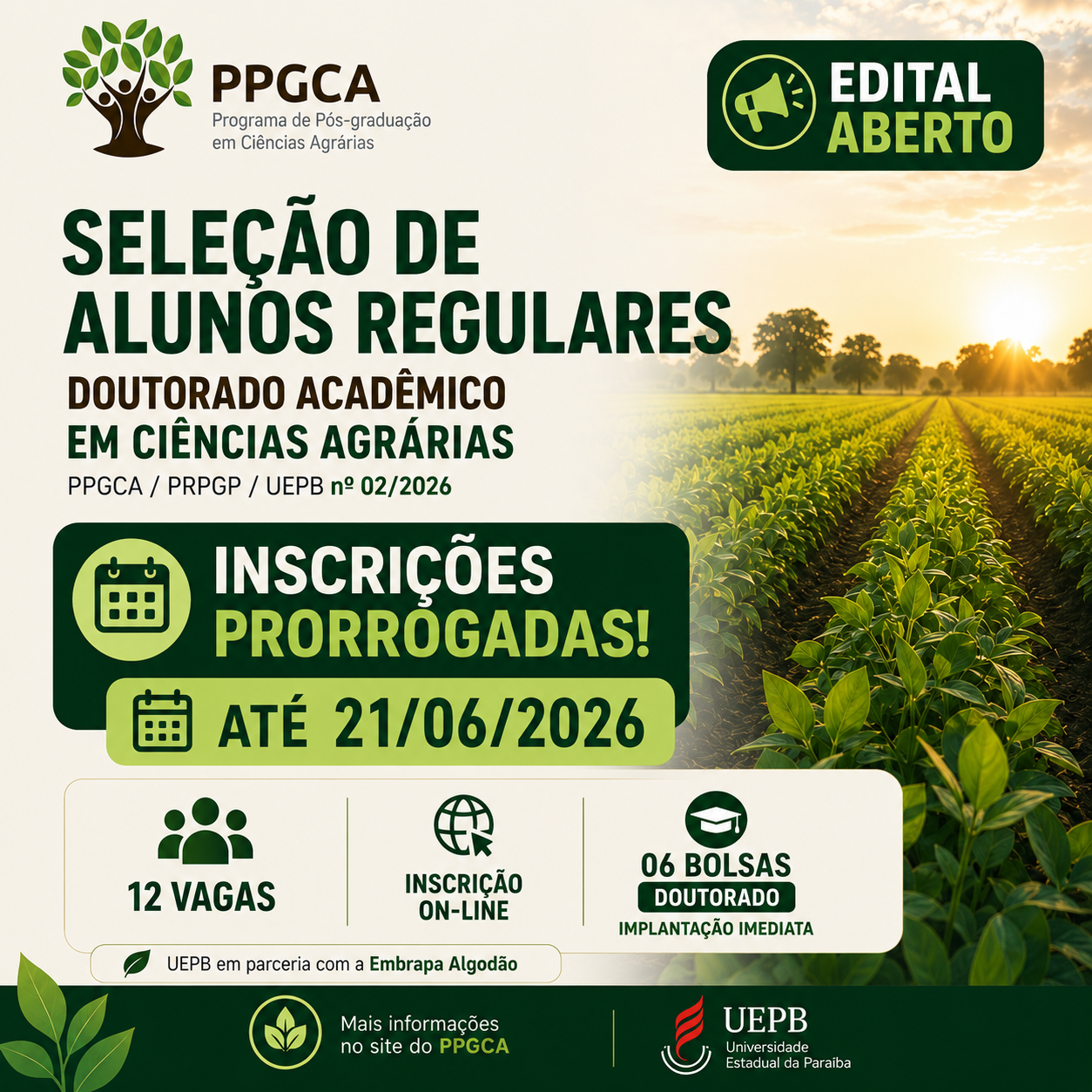 Inscrições prorrogadas - Seleção doutorado 2026.2
