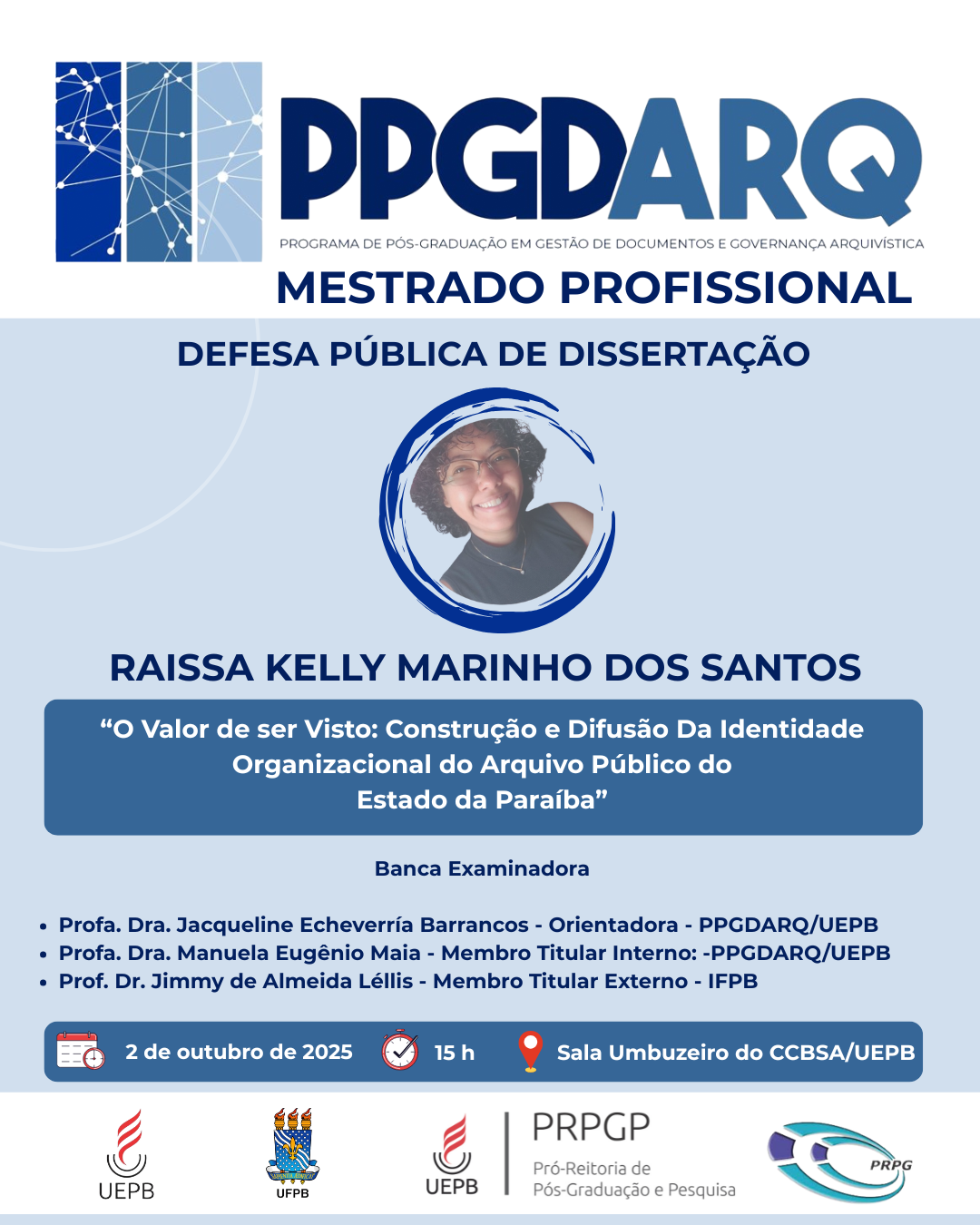 CONVITE – Defesa Pública de Dissertação do PPGDARQ-UEPB/UFPB – Raissa Kelly Marinho dos Santos