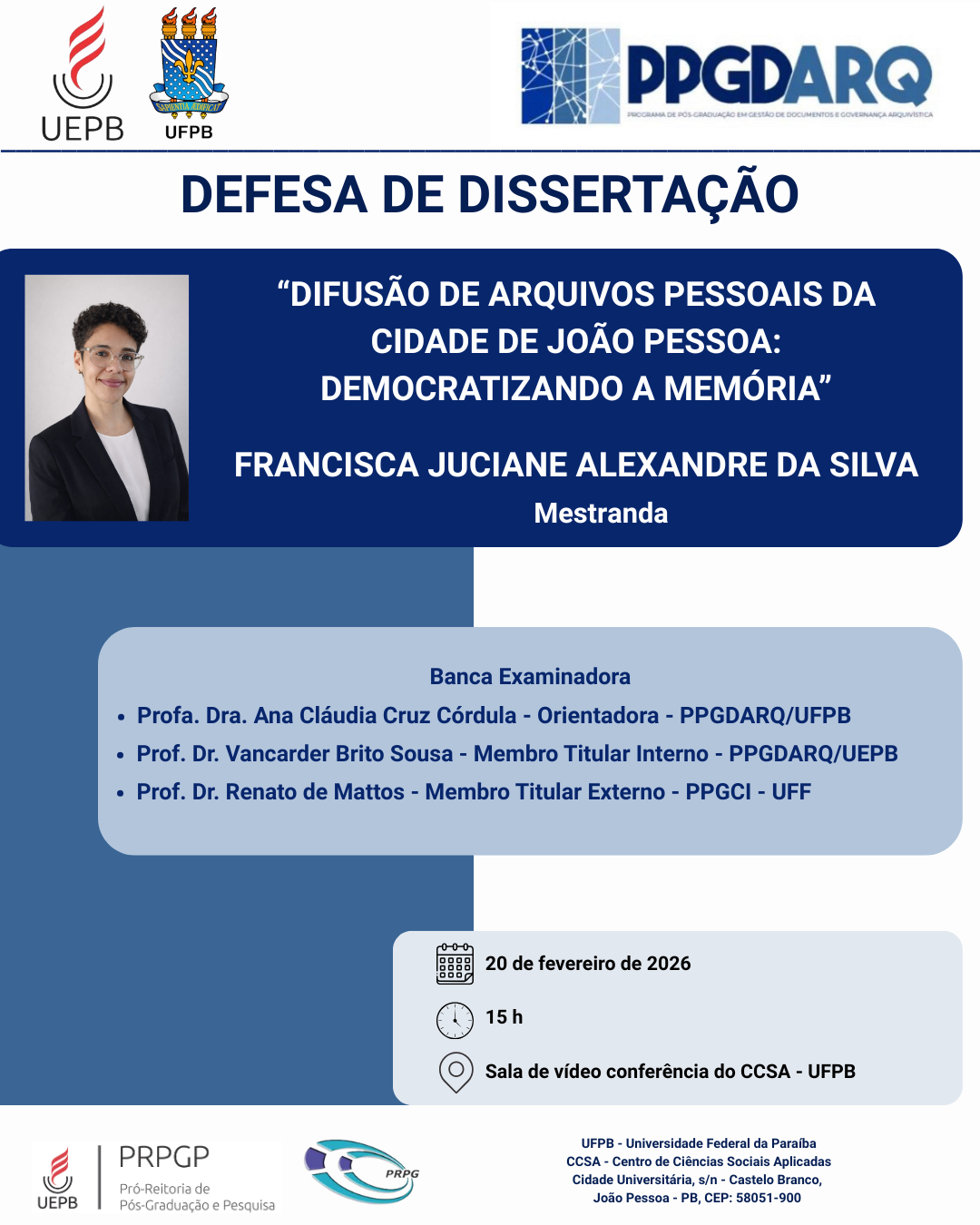 CONVITE – Defesa Pública de Dissertação do PPGDARQ-UEPB/UFPB – Francisca Juciane Alexandre da Silva