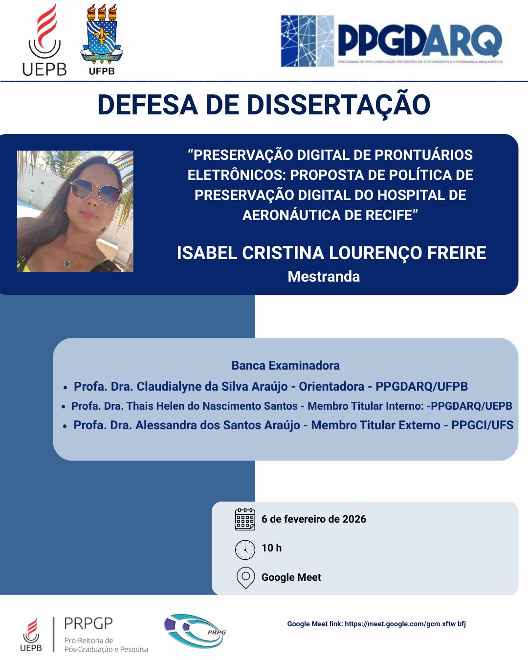 CONVITE – Defesa Pública de Dissertação do PPGDARQ-UEPB/UFPB – Isabel Cristina Lourenço Freire