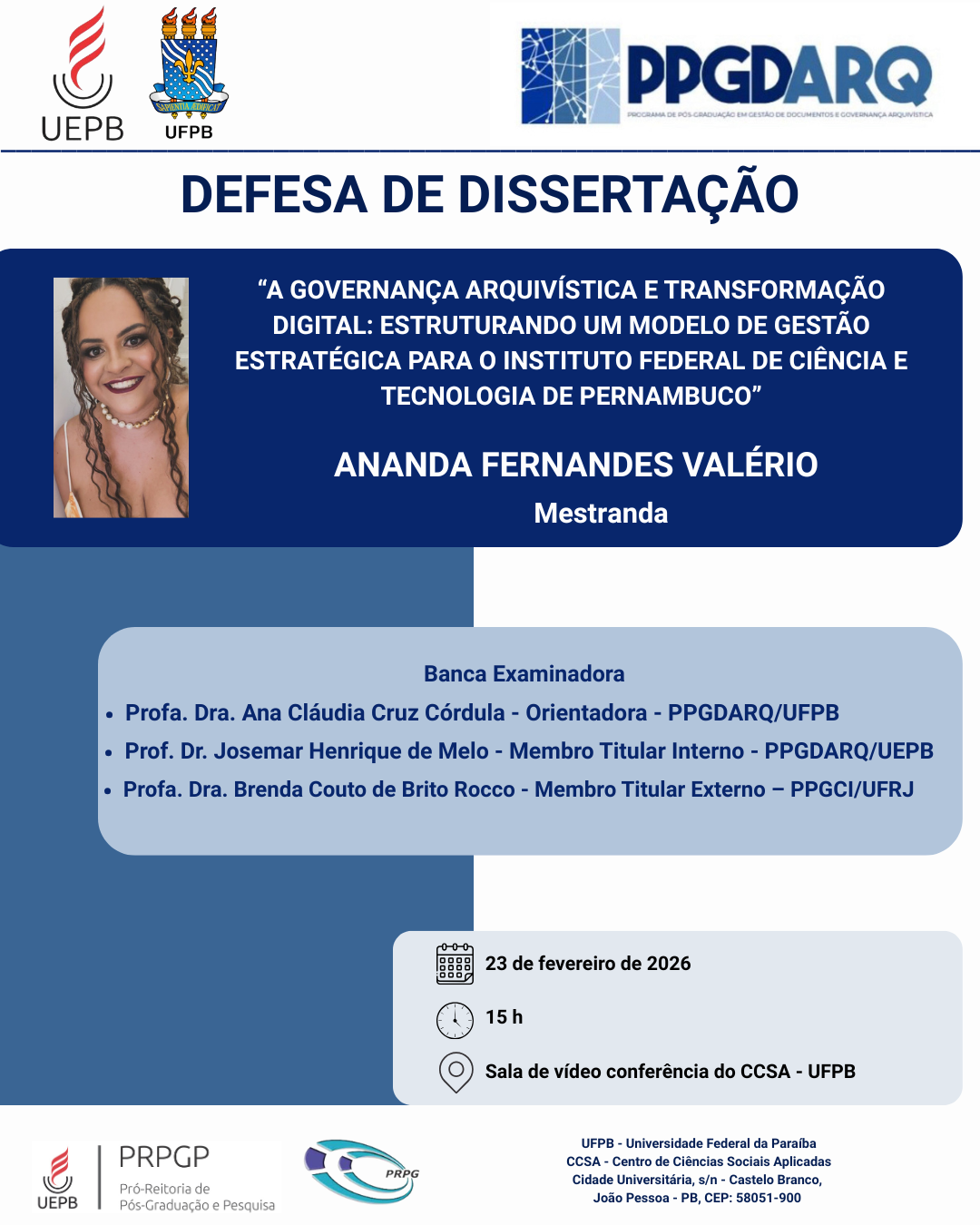 CONVITE – Defesa Pública de Dissertação do PPGDARQ-UEPB/UFPB – Ananda Fernandes Valério