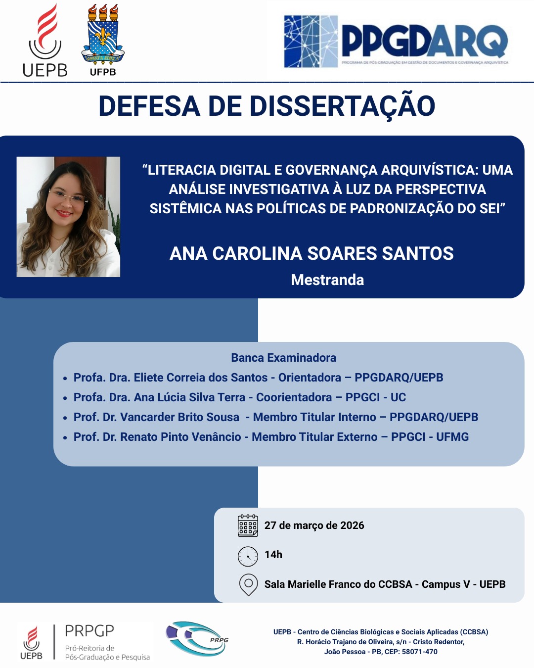 CONVITE – Defesa Pública de Dissertação do PPGDARQ-UEPB/UFPB – Ana Carolina Soares Santos