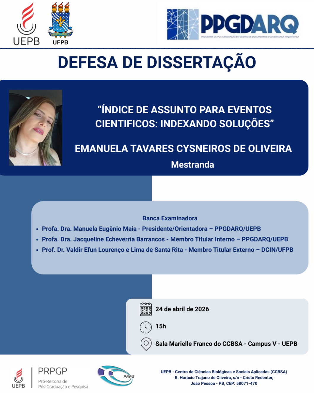 CONVITE – Defesa Pública de Dissertação do PPGDARQ-UEPB/UFPB – Emanuela Tavares Cysneiros de Oliveira