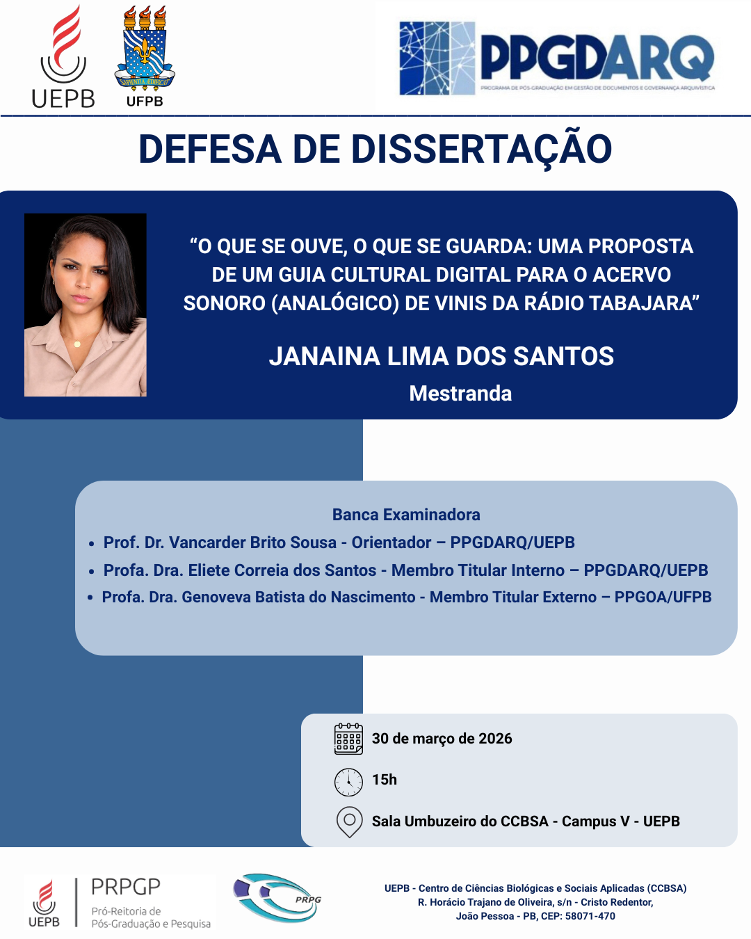 CONVITE – Defesa Pública de Dissertação do PPGDARQ-UEPB/UFPB – Janaina Lima dos Santos