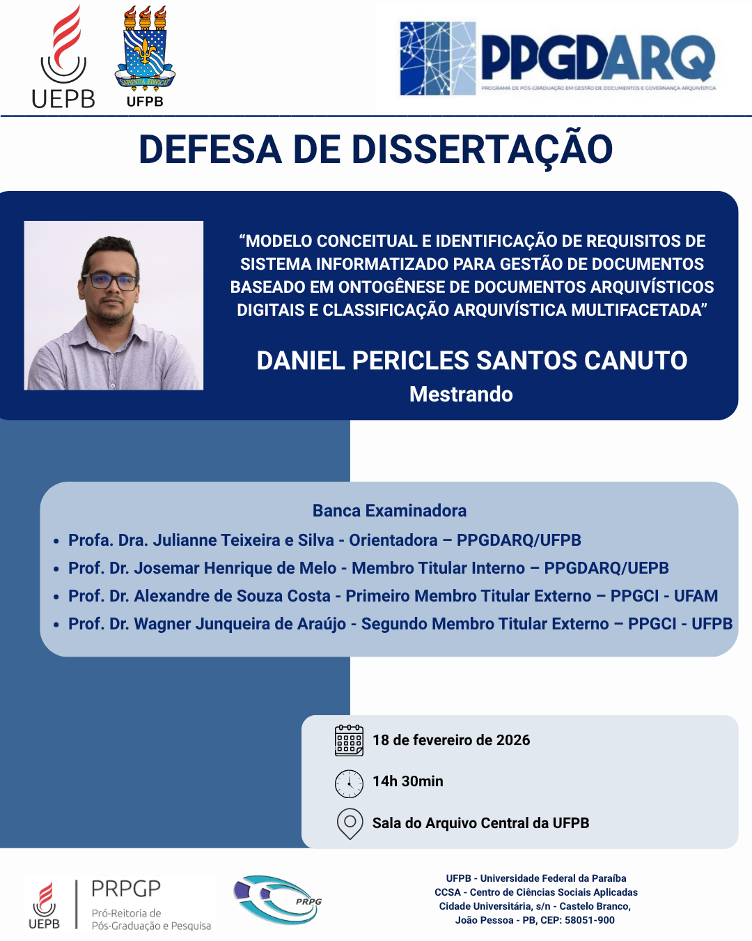CONVITE – Defesa Pública de Dissertação do PPGDARQ-UEPB/UFPB – Daniel Pericles Santos Canuto