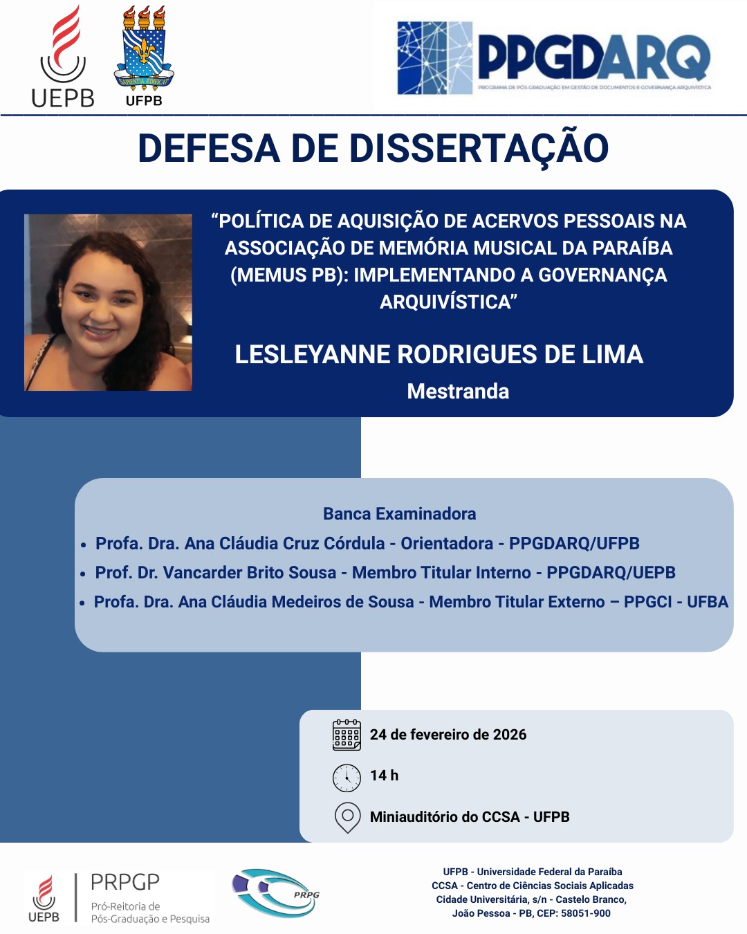 CONVITE – Defesa Pública de Dissertação do PPGDARQ-UEPB/UFPB – Lesleyanne Rodrigues de Lima