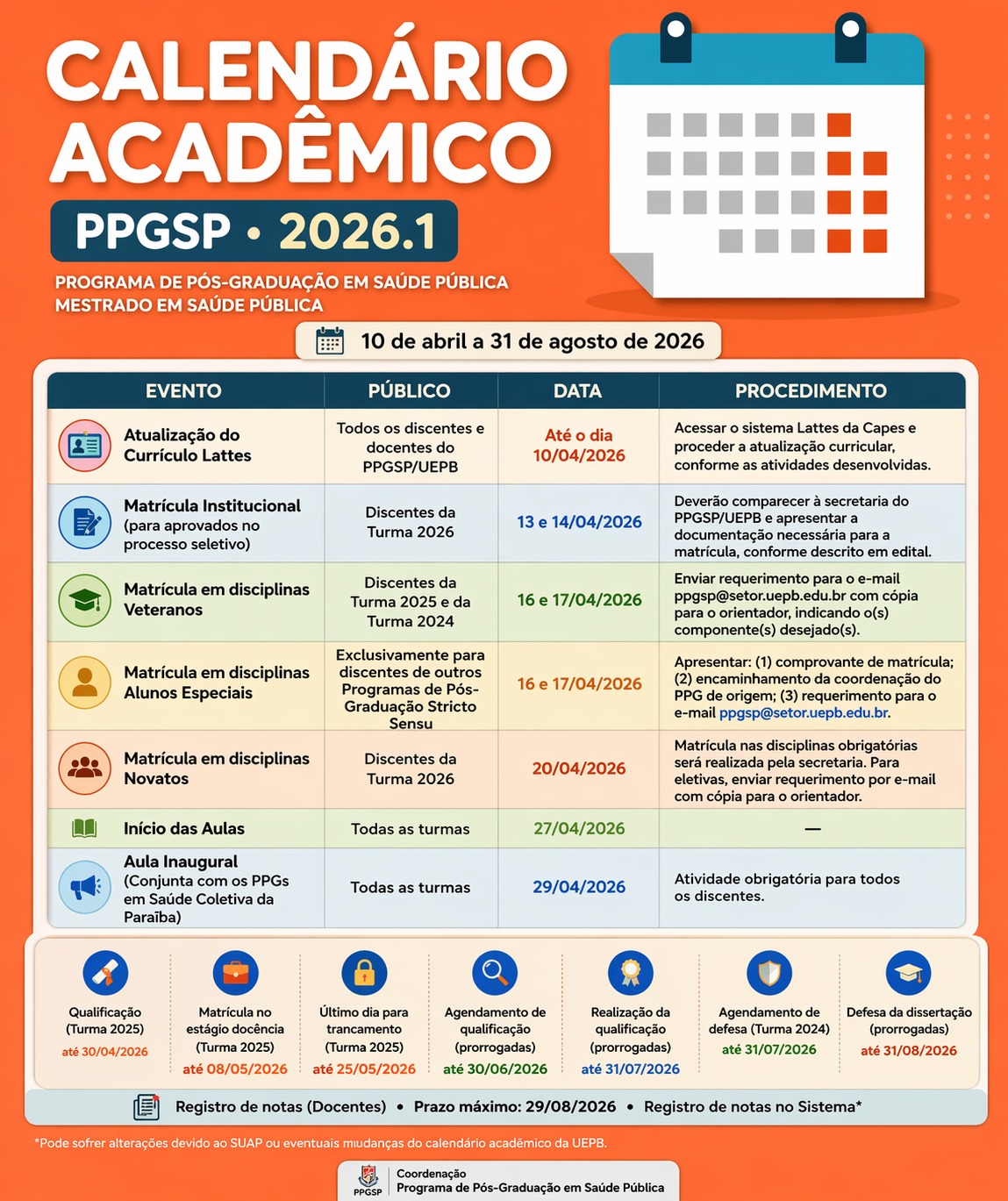 PPGSP/UEPB divulga Calendário Acadêmico 2026.1